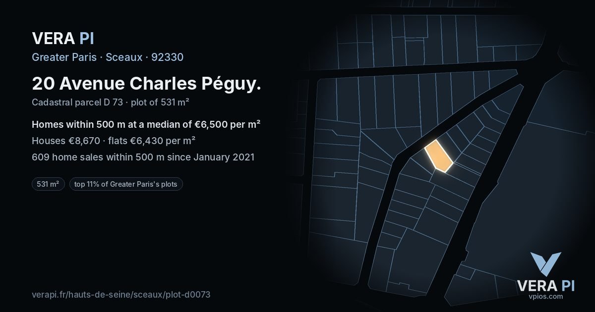 20 Avenue Charles Péguy, Sceaux at night – the plot lit, the parcels around coloured by the prices near them