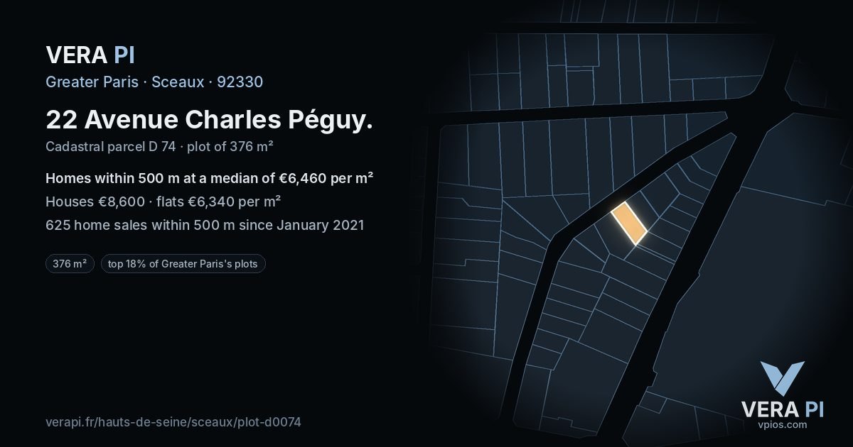 22 Avenue Charles Péguy, Sceaux at night – the plot lit, the parcels around coloured by the prices near them