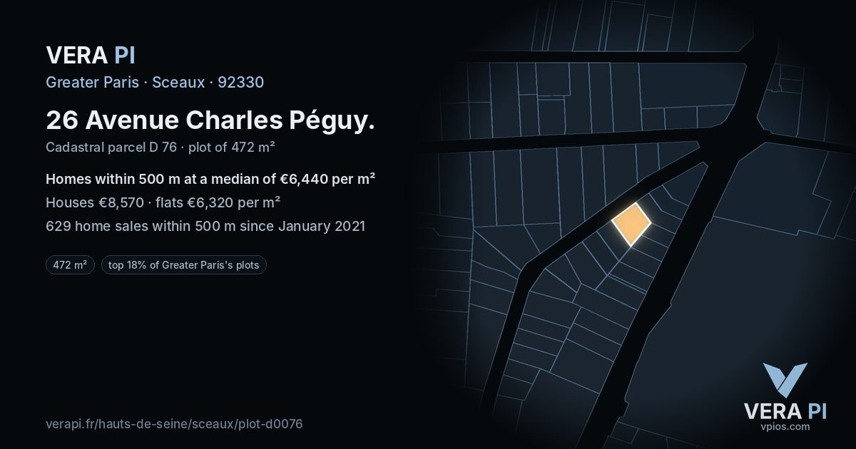 26 Avenue Charles Péguy, Sceaux at night – the plot lit, the parcels around coloured by the prices near them