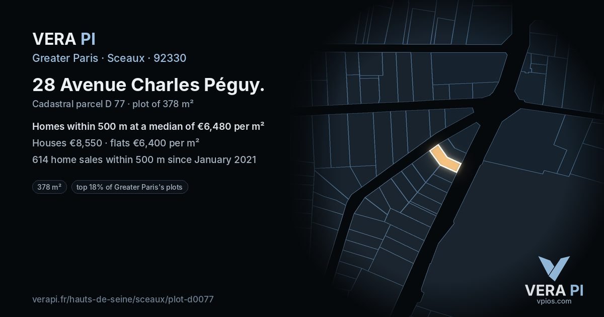 28 Avenue Charles Péguy, Sceaux at night – the plot lit, the parcels around coloured by the prices near them