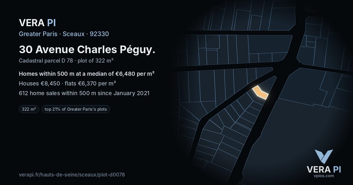 30 Avenue Charles Péguy, Sceaux at night – the plot lit, the parcels around coloured by the prices near them