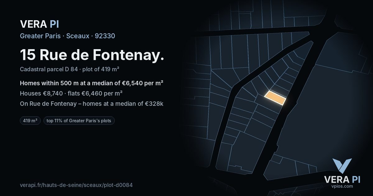 15 Rue de Fontenay, Sceaux at night – the plot lit, the parcels around coloured by the prices near them