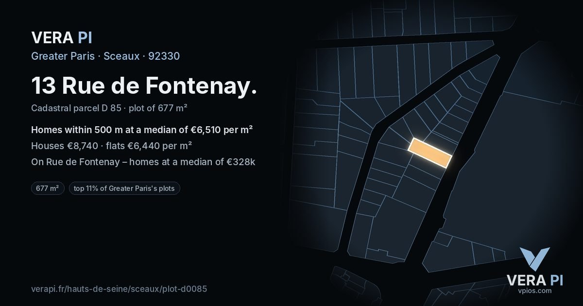 13 Rue de Fontenay, Sceaux at night – the plot lit, the parcels around coloured by the prices near them
