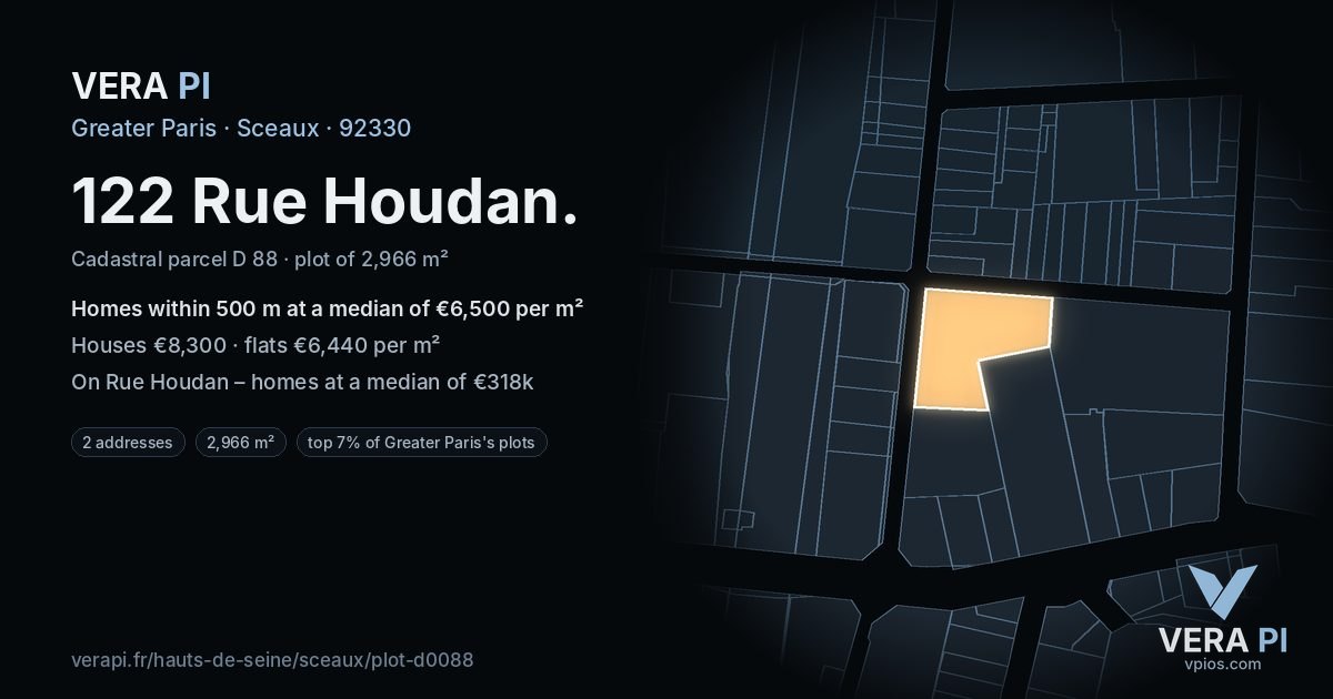 122 Rue Houdan, Sceaux at night – the plot lit, the parcels around coloured by the prices near them
