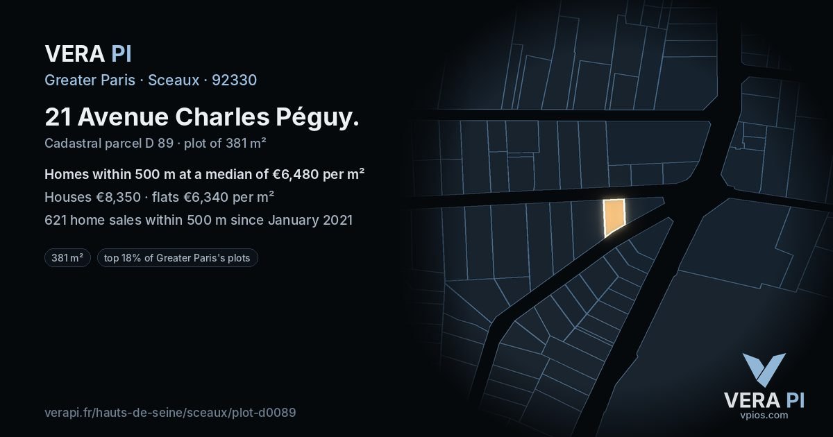 21 Avenue Charles Péguy, Sceaux at night – the plot lit, the parcels around coloured by the prices near them
