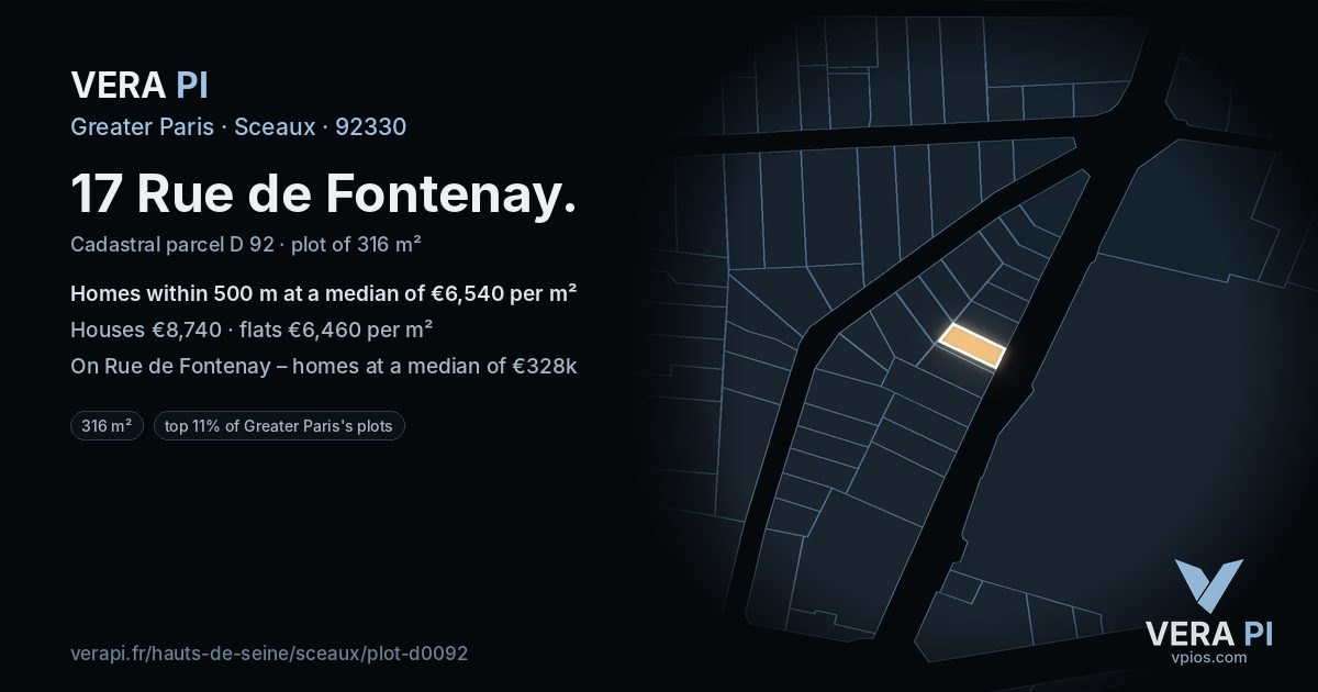 17 Rue de Fontenay, Sceaux at night – the plot lit, the parcels around coloured by the prices near them