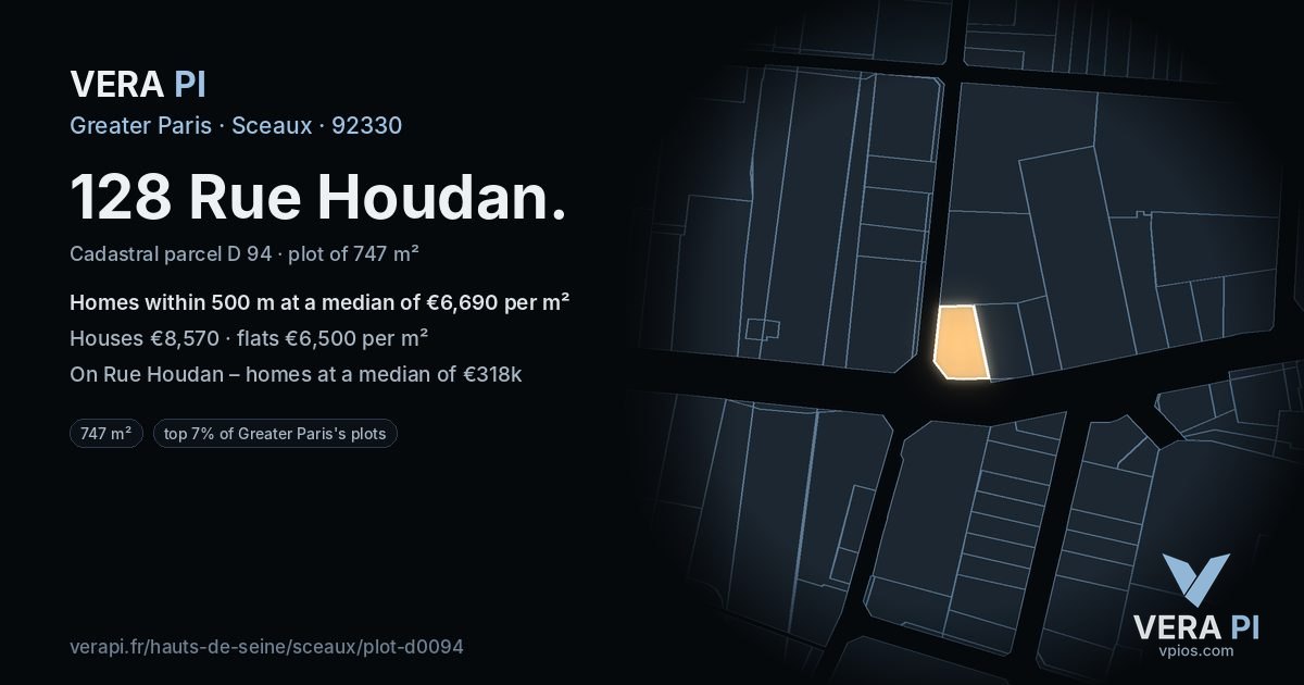128 Rue Houdan, Sceaux at night – the plot lit, the parcels around coloured by the prices near them