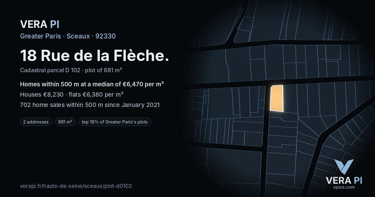 18 Rue de la Flèche, Sceaux at night – the plot lit, the parcels around coloured by the prices near them
