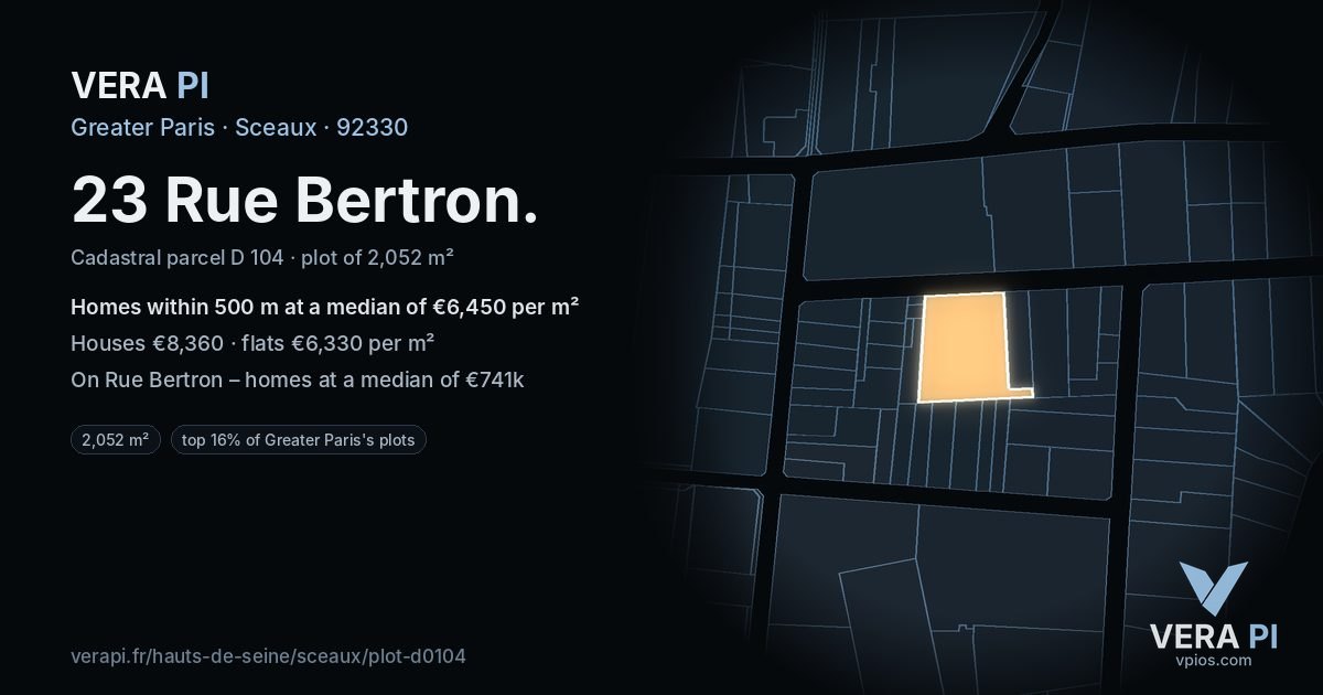 23 Rue Bertron, Sceaux at night – the plot lit, the parcels around coloured by the prices near them