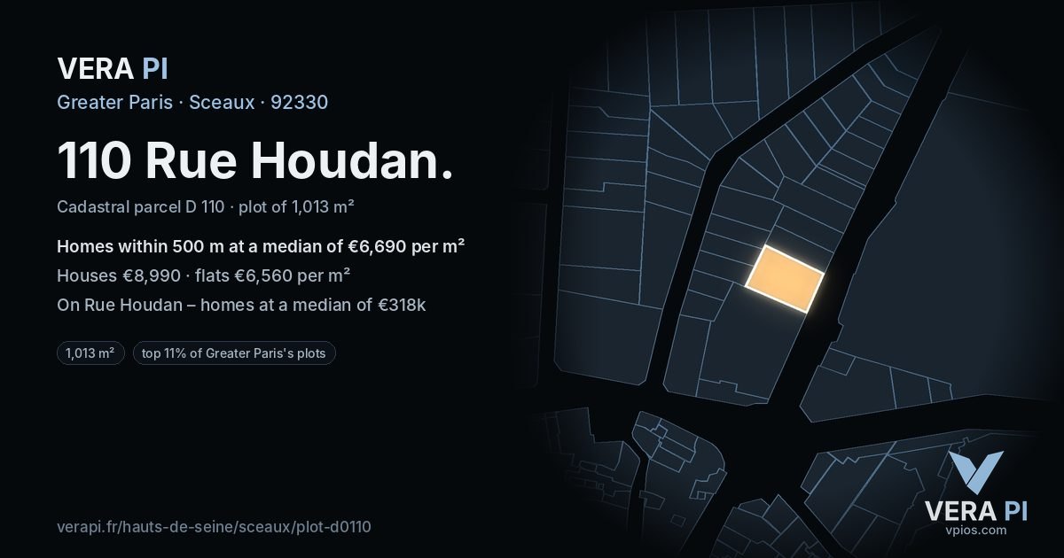 110 Rue Houdan, Sceaux at night – the plot lit, the parcels around coloured by the prices near them