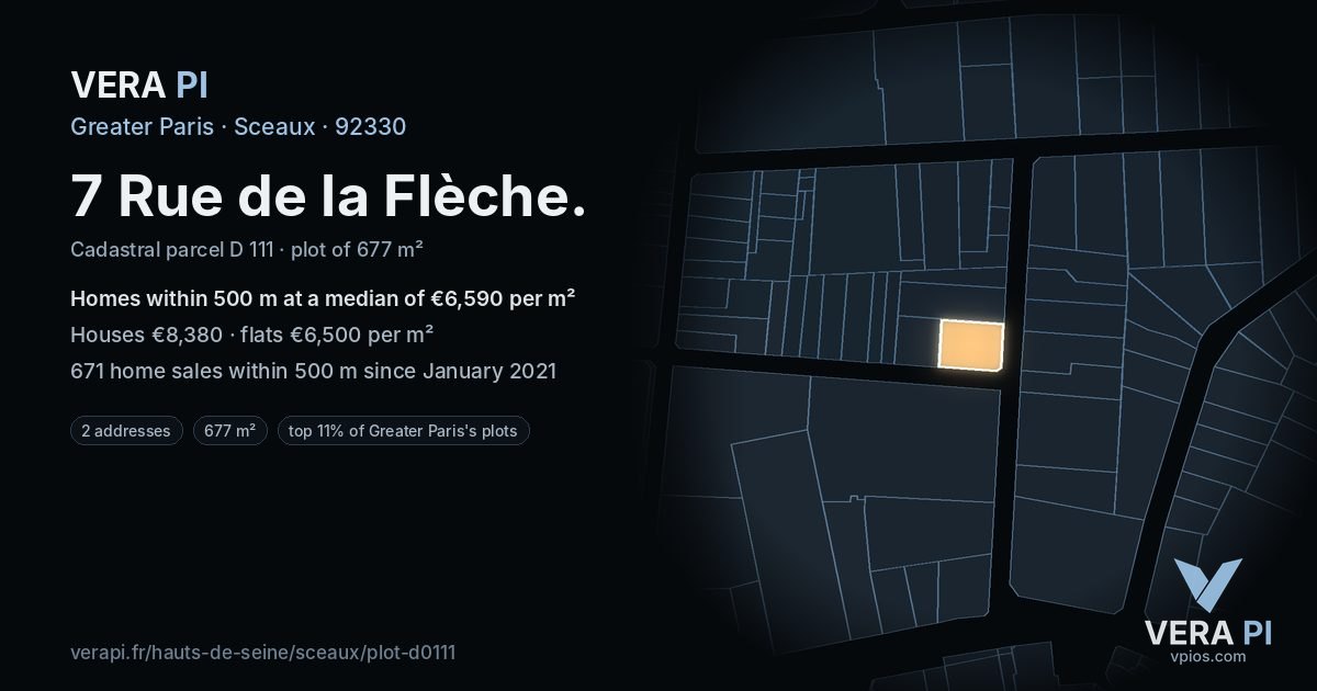 7 Rue de la Flèche, Sceaux at night – the plot lit, the parcels around coloured by the prices near them