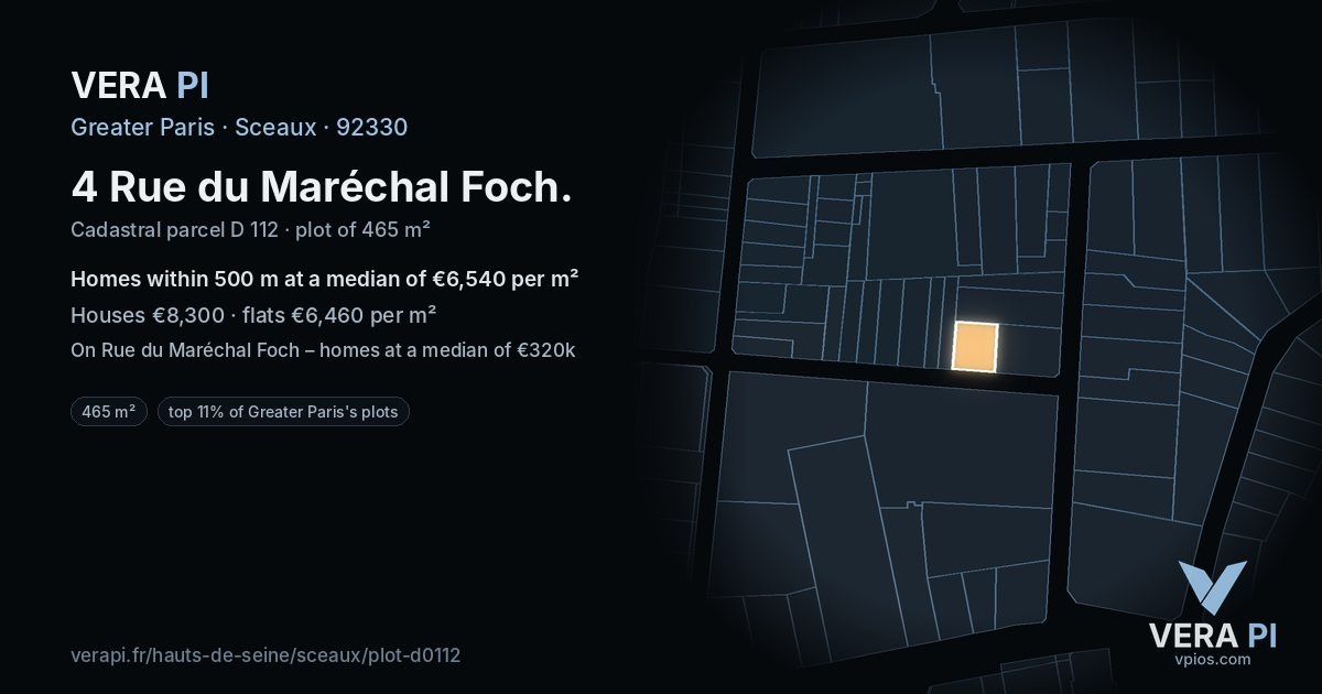 4 Rue du Maréchal Foch, Sceaux at night – the plot lit, the parcels around coloured by the prices near them