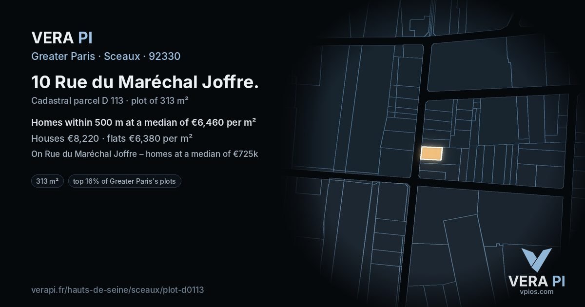 10 Rue du Maréchal Joffre, Sceaux at night – the plot lit, the parcels around coloured by the prices near them