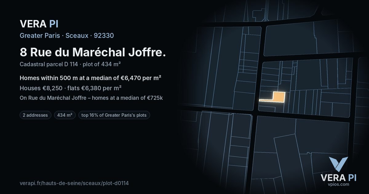 8 Rue du Maréchal Joffre, Sceaux at night – the plot lit, the parcels around coloured by the prices near them