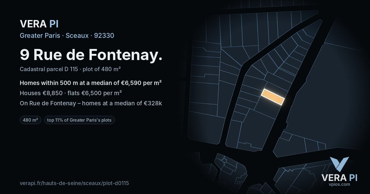 9 Rue de Fontenay, Sceaux at night – the plot lit, the parcels around coloured by the prices near them