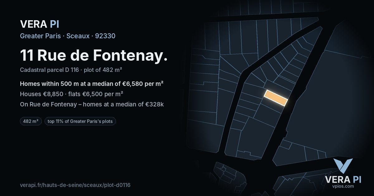 11 Rue de Fontenay, Sceaux at night – the plot lit, the parcels around coloured by the prices near them