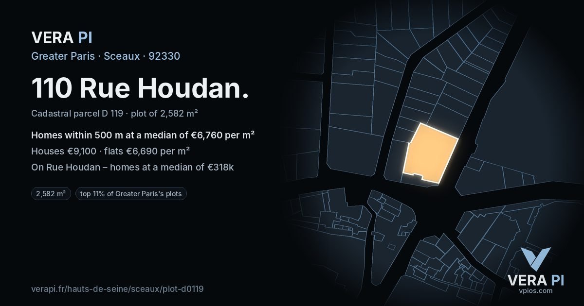 110 Rue Houdan, Sceaux at night – the plot lit, the parcels around coloured by the prices near them