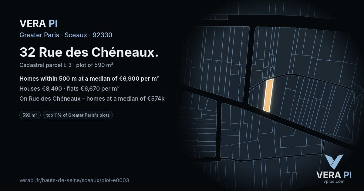 32 Rue des Chéneaux, Sceaux at night – the plot lit, the parcels around coloured by the prices near them