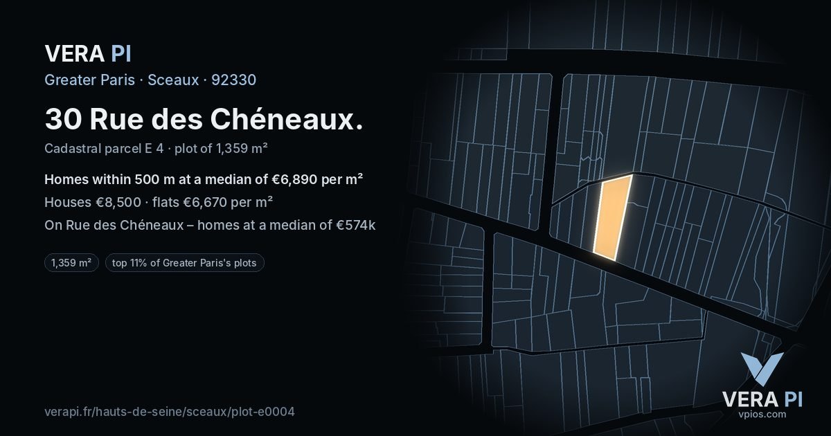 30 Rue des Chéneaux, Sceaux at night – the plot lit, the parcels around coloured by the prices near them