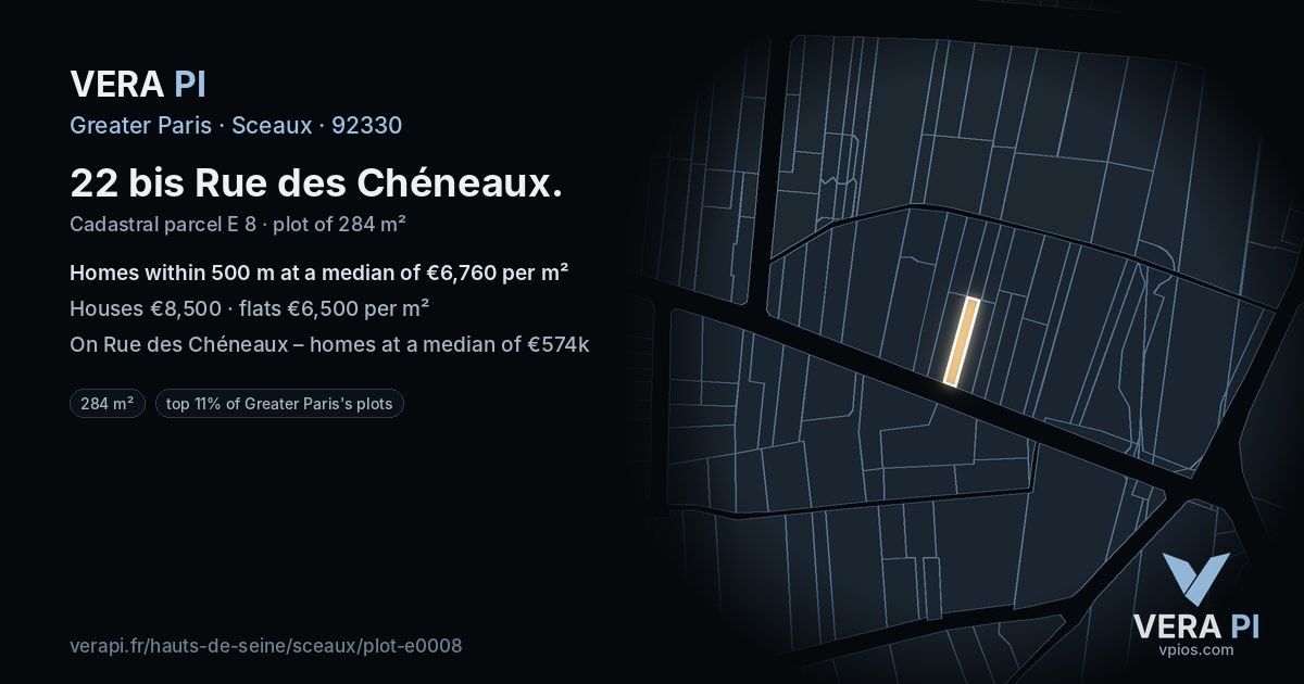 22 bis Rue des Chéneaux, Sceaux at night – the plot lit, the parcels around coloured by the prices near them