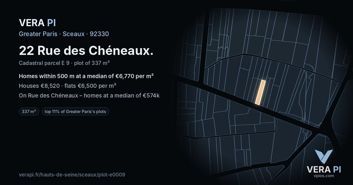 22 Rue des Chéneaux, Sceaux at night – the plot lit, the parcels around coloured by the prices near them