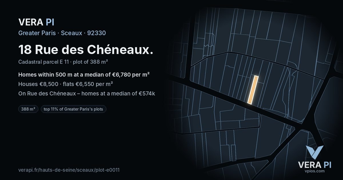 18 Rue des Chéneaux, Sceaux at night – the plot lit, the parcels around coloured by the prices near them