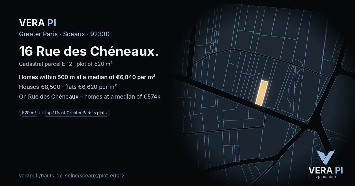 16 Rue des Chéneaux, Sceaux at night – the plot lit, the parcels around coloured by the prices near them