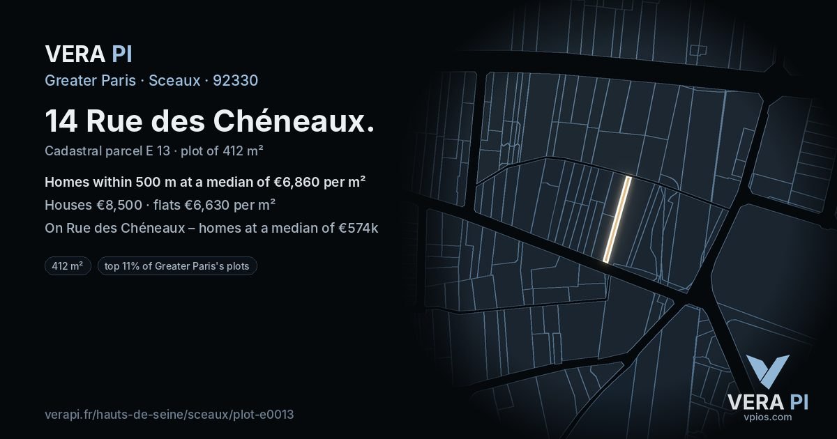 14 Rue des Chéneaux, Sceaux at night – the plot lit, the parcels around coloured by the prices near them