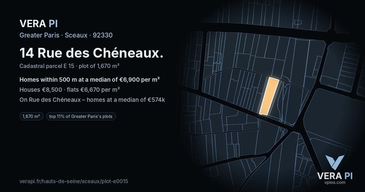 14 Rue des Chéneaux, Sceaux at night – the plot lit, the parcels around coloured by the prices near them