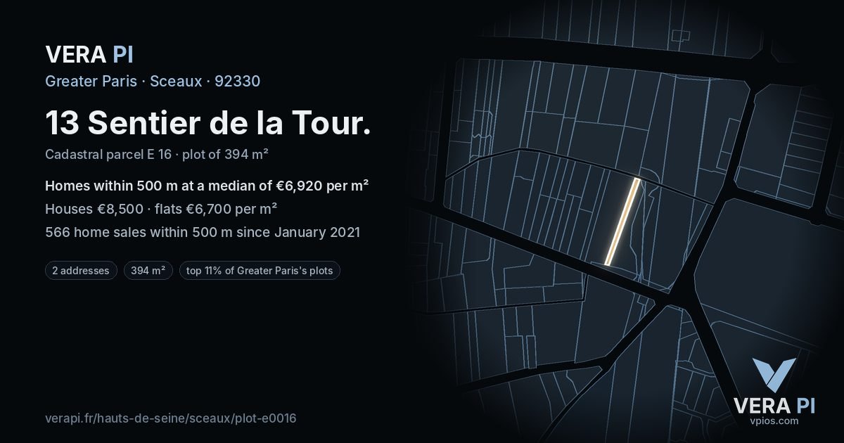 13 Sentier de la Tour, Sceaux at night – the plot lit, the parcels around coloured by the prices near them