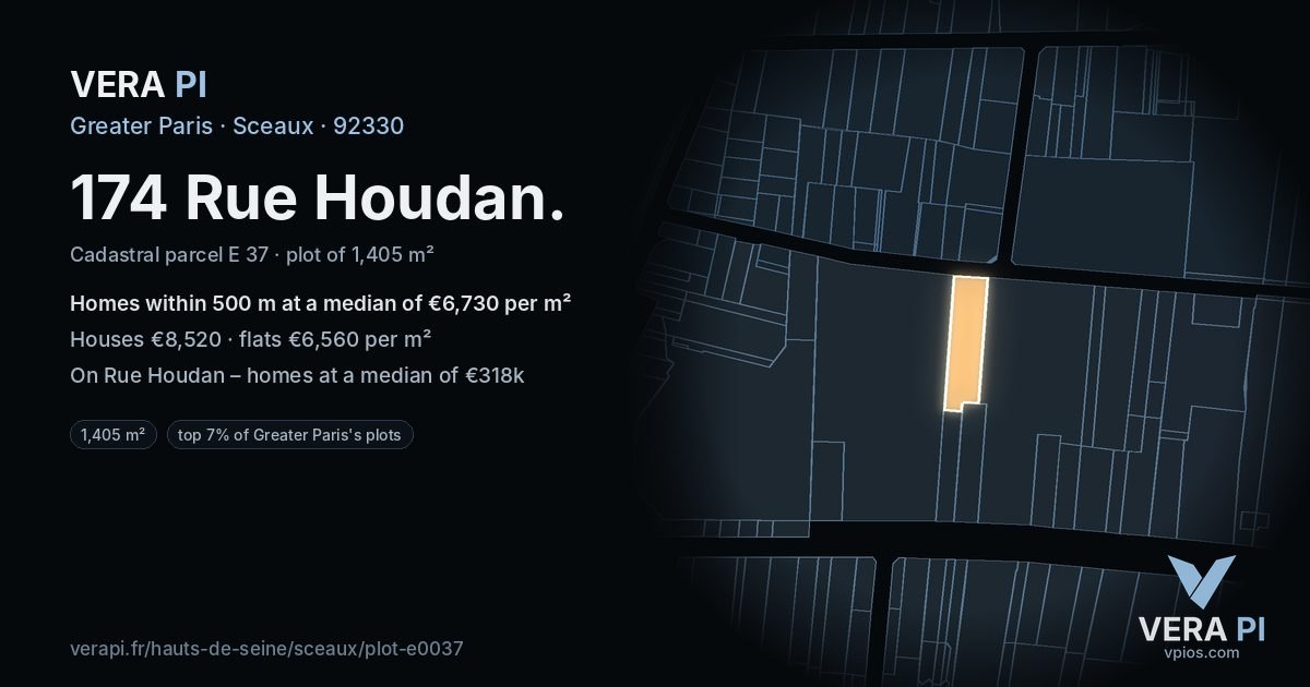 174 Rue Houdan, Sceaux at night – the plot lit, the parcels around coloured by the prices near them