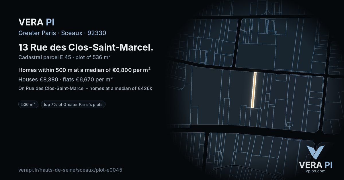 13 Rue des Clos-Saint-Marcel, Sceaux at night – the plot lit, the parcels around coloured by the prices near them