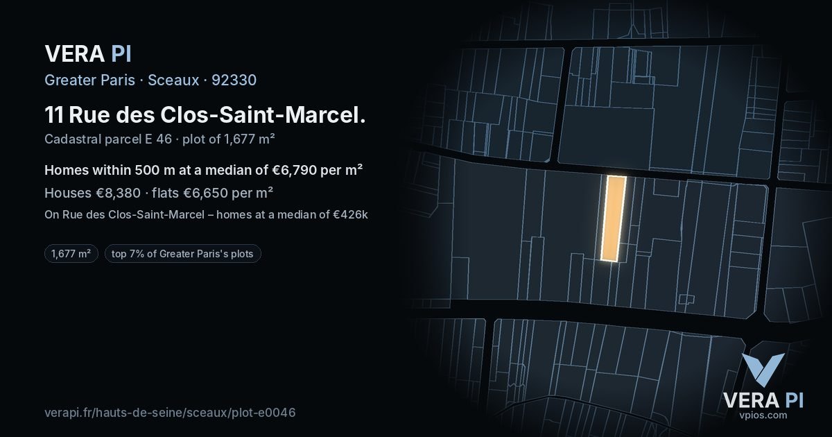 11 Rue des Clos-Saint-Marcel, Sceaux at night – the plot lit, the parcels around coloured by the prices near them