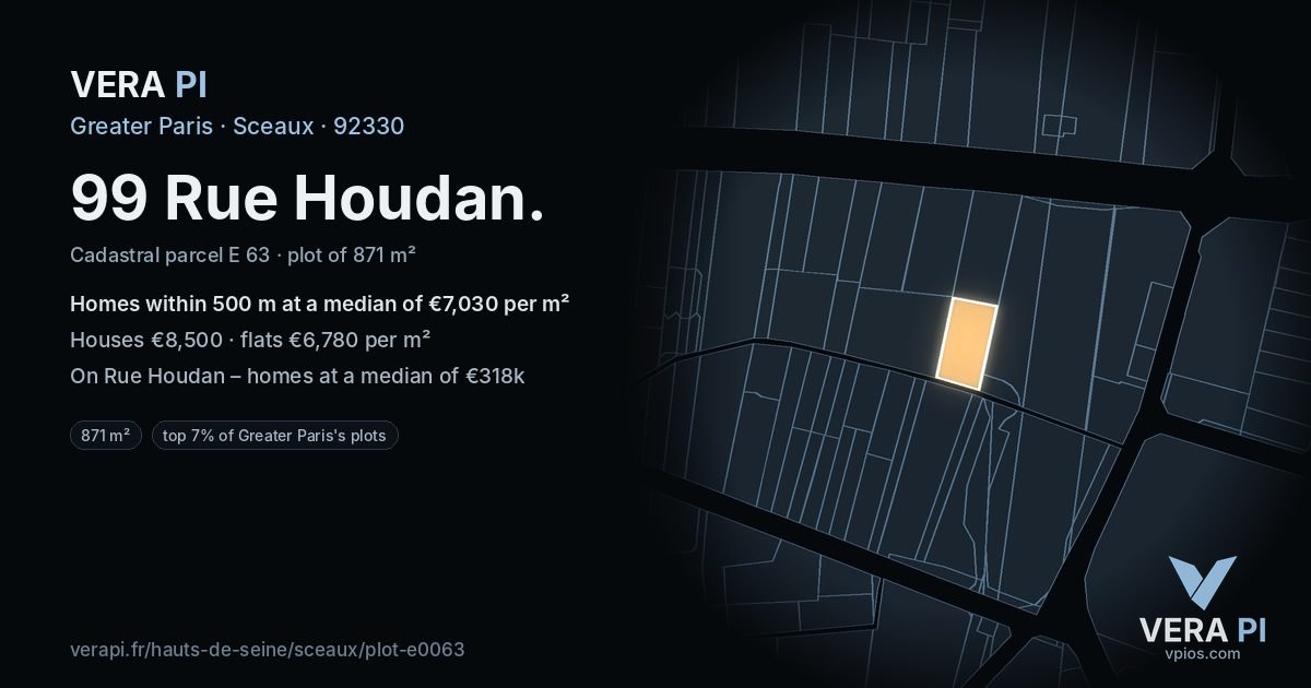 99 Rue Houdan, Sceaux at night – the plot lit, the parcels around coloured by the prices near them