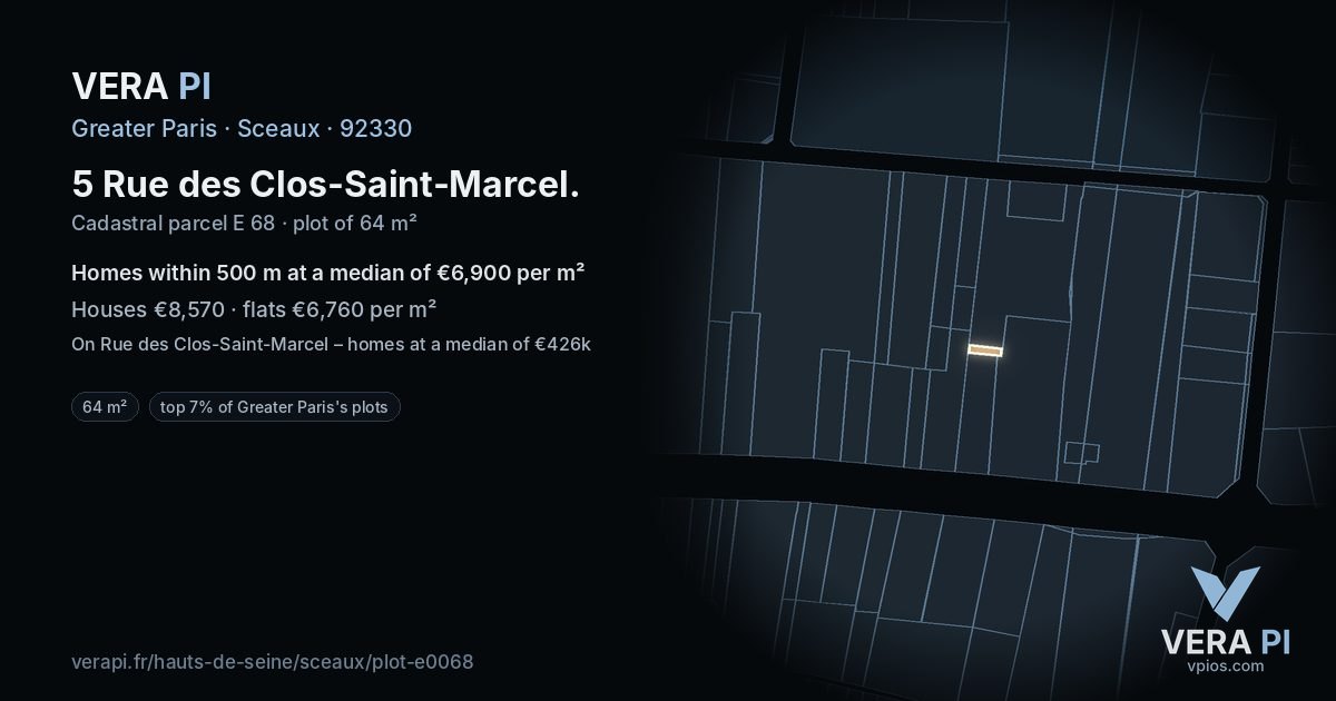 5 Rue des Clos-Saint-Marcel, Sceaux at night – the plot lit, the parcels around coloured by the prices near them