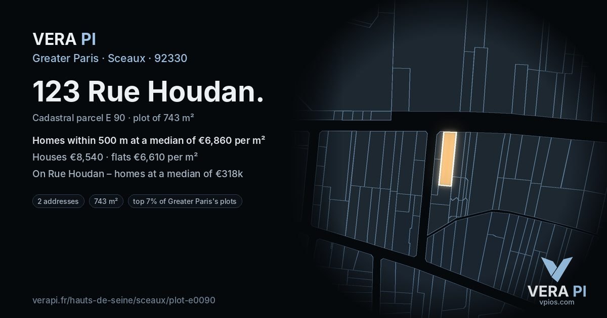 123 Rue Houdan, Sceaux at night – the plot lit, the parcels around coloured by the prices near them