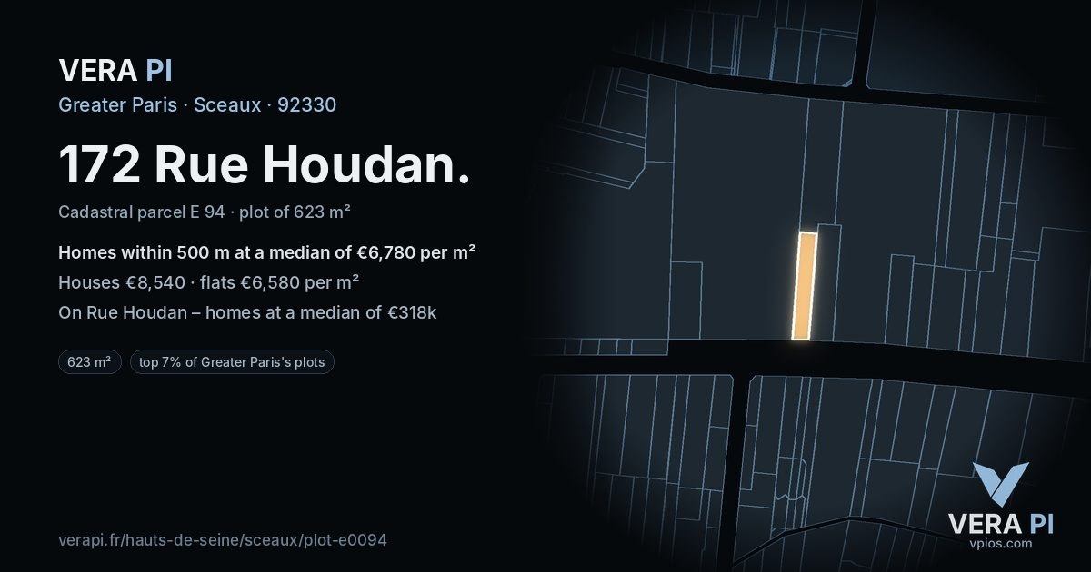 172 Rue Houdan, Sceaux at night – the plot lit, the parcels around coloured by the prices near them