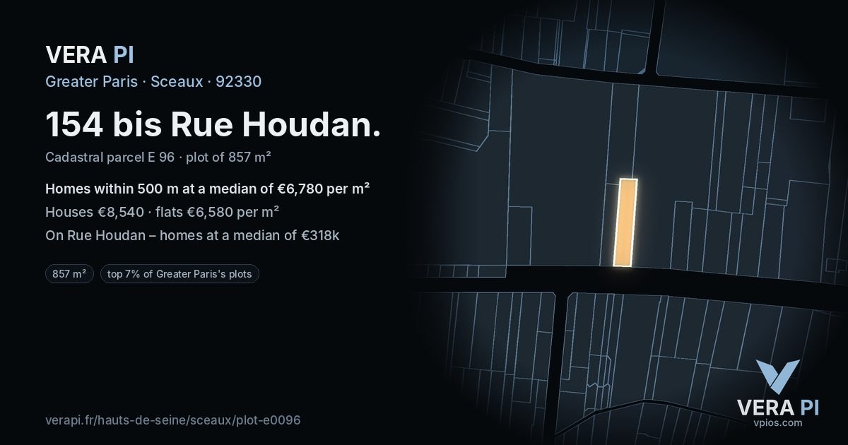 154 bis Rue Houdan, Sceaux at night – the plot lit, the parcels around coloured by the prices near them
