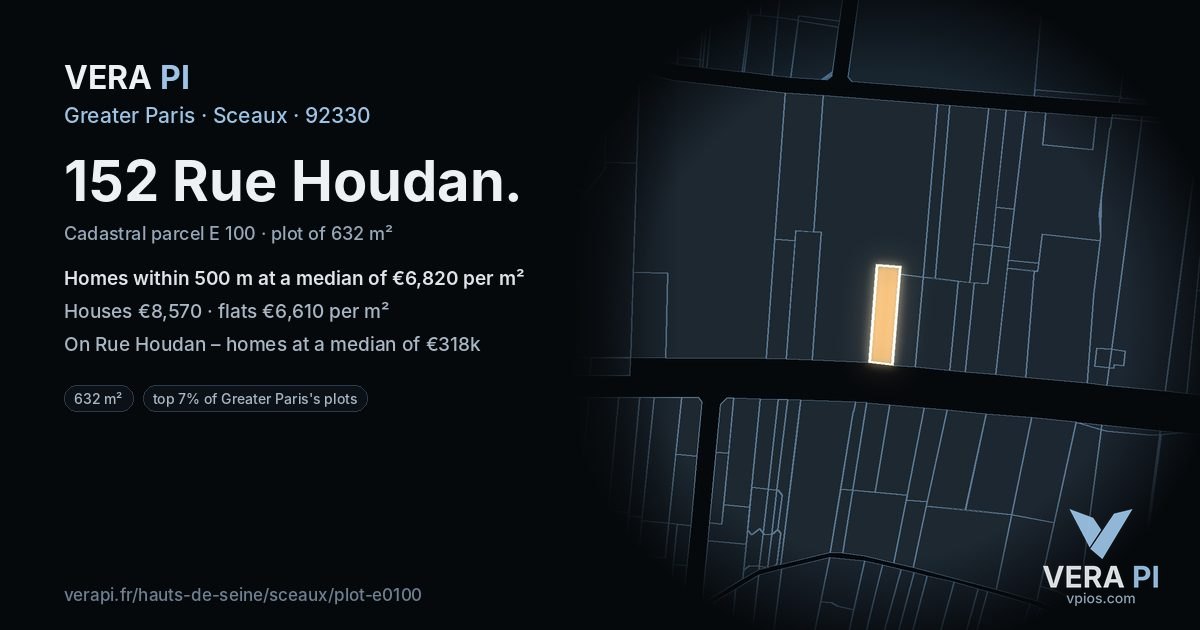 152 Rue Houdan, Sceaux at night – the plot lit, the parcels around coloured by the prices near them