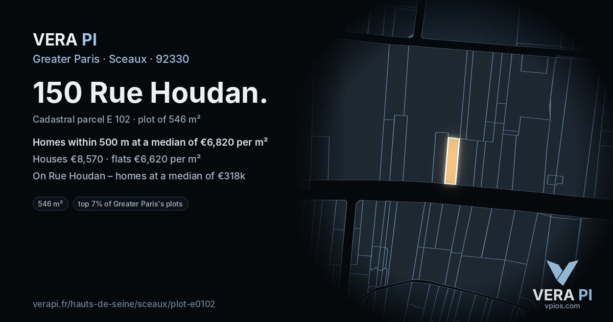 150 Rue Houdan, Sceaux at night – the plot lit, the parcels around coloured by the prices near them