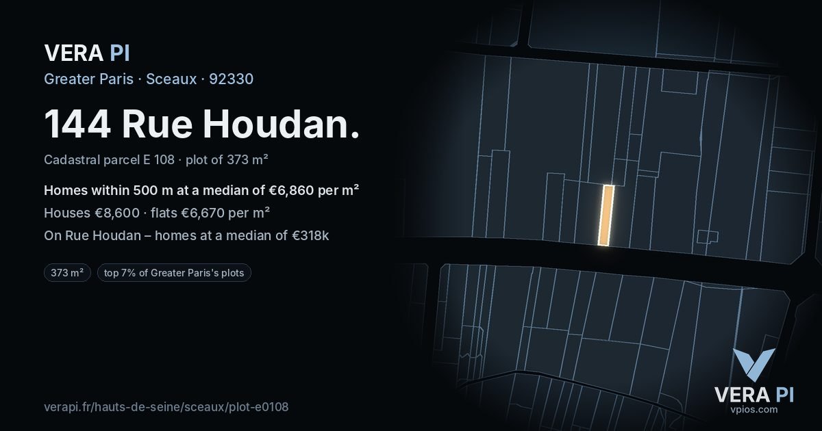 144 Rue Houdan, Sceaux at night – the plot lit, the parcels around coloured by the prices near them