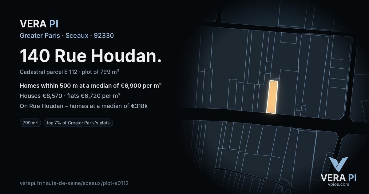 140 Rue Houdan, Sceaux at night – the plot lit, the parcels around coloured by the prices near them