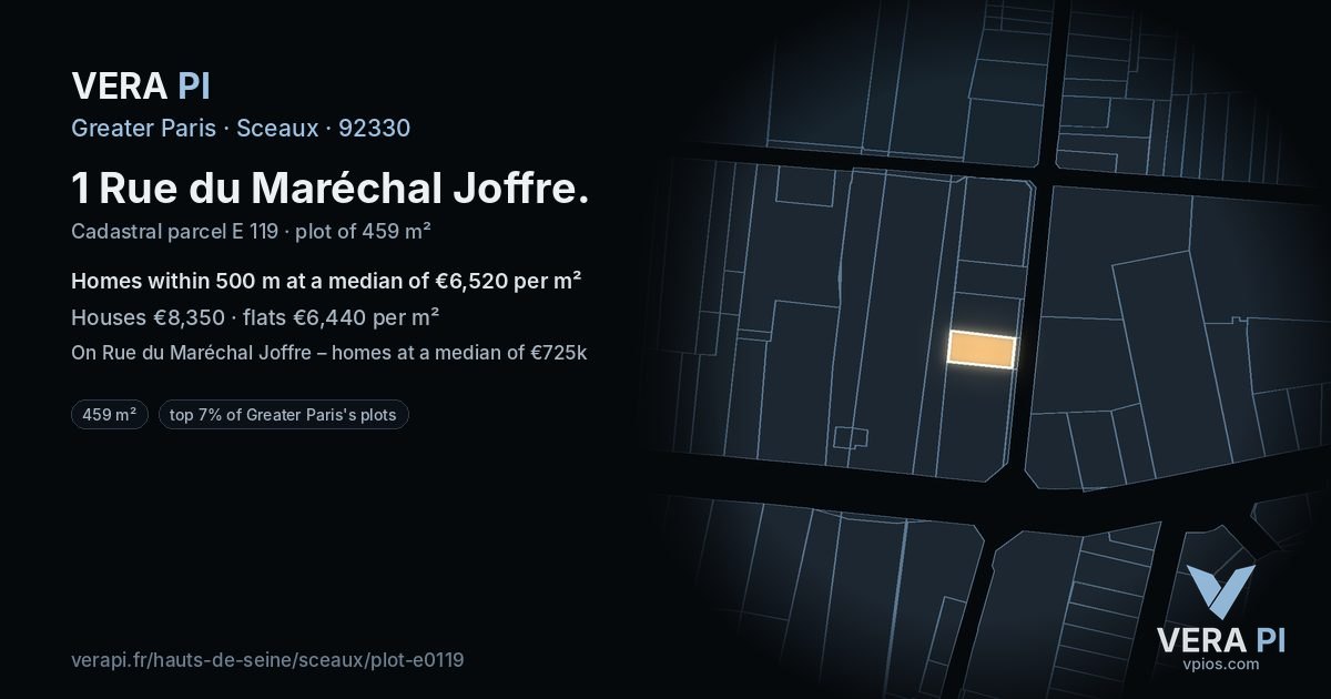 1 Rue du Maréchal Joffre, Sceaux at night – the plot lit, the parcels around coloured by the prices near them