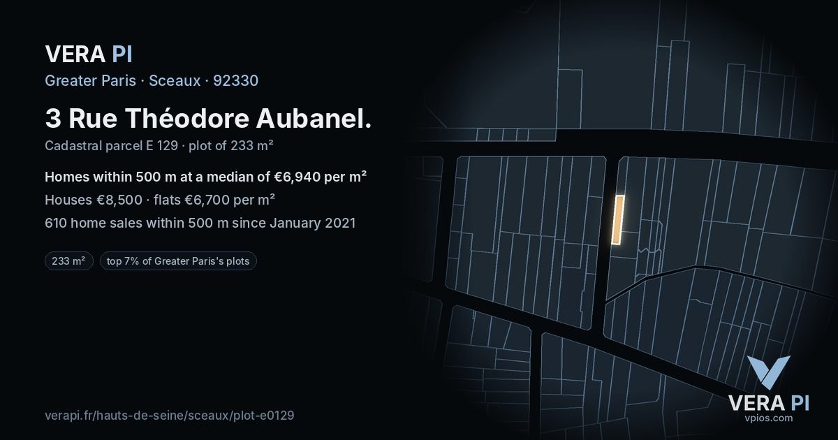 3 Rue Théodore Aubanel, Sceaux at night – the plot lit, the parcels around coloured by the prices near them