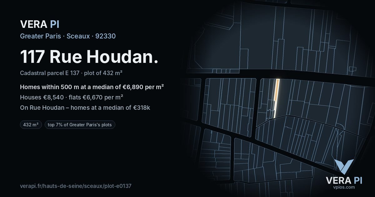 117 Rue Houdan, Sceaux at night – the plot lit, the parcels around coloured by the prices near them