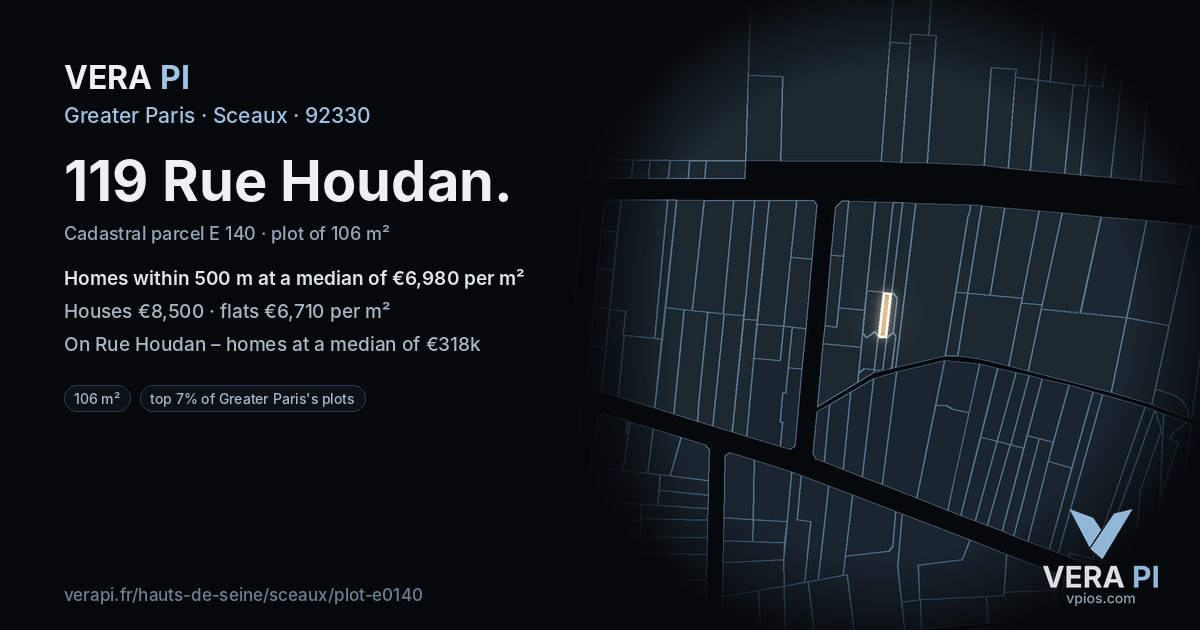 119 Rue Houdan, Sceaux at night – the plot lit, the parcels around coloured by the prices near them