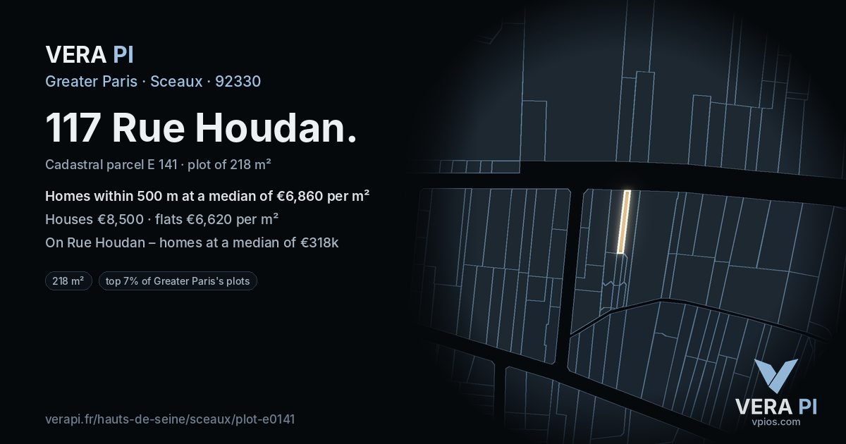 117 Rue Houdan, Sceaux at night – the plot lit, the parcels around coloured by the prices near them