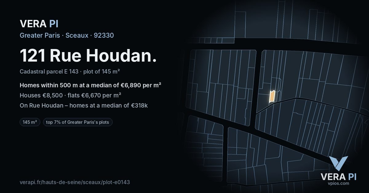 121 Rue Houdan, Sceaux at night – the plot lit, the parcels around coloured by the prices near them
