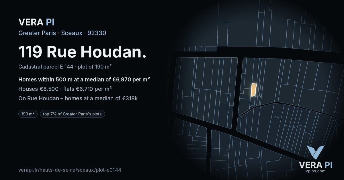 119 Rue Houdan, Sceaux at night – the plot lit, the parcels around coloured by the prices near them