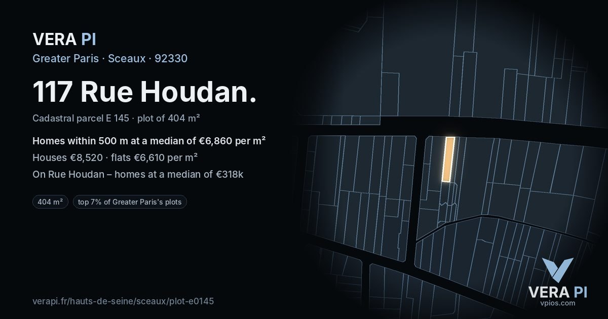 117 Rue Houdan, Sceaux at night – the plot lit, the parcels around coloured by the prices near them